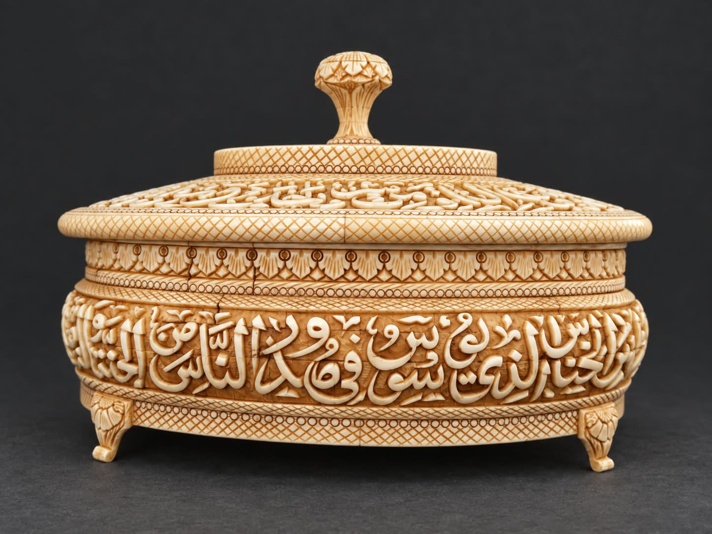 Mughal islamic calligraphy oval lidded camelbone box